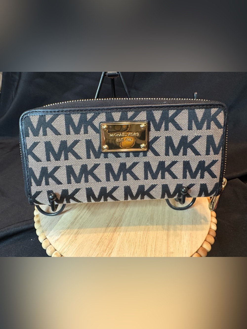 Michael Kors Monogram Zip Wallet in black and grey with Gold Plate
